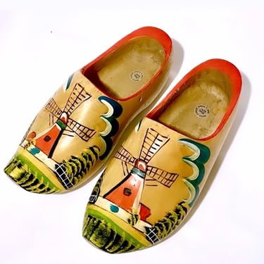 Large Vintage Dutch Wooden Clogs | Hand-Painted, Made in Holland, Windmill 15” 
