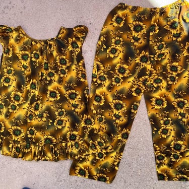 Vintage Oversized Yellow Retro Moody Sunflower Floral Two Piece Summer Set XS/S 