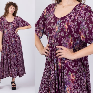 90s Purple Floral Grunge Maxi Dress - Medium | Vintage Boho Nostalgia Oversized Rayon Grunge Summer Festival Dress 