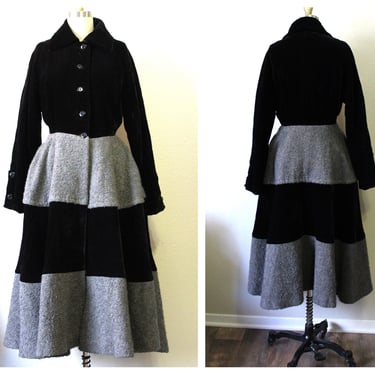 1950s Princess Coat // Vintage 50s Black Velvet Gray Nubby Wool Striped Jacket Coat Swing Cuffed Bell Sleeve Ceil Sloane // US 0 2 4 XXS/XS 