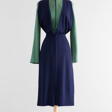 Rare 1930's FOGA Rayon Color Blocked Dress With Talon Zipper & Flared Sleeves / Small