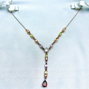 Multi Gemstone Necklace Sterling Silver Lariat Garnet Amethyst Peridot Topaz 925 Jewelry 