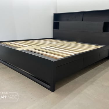 Oxidized Walnut Bed with headboard storage, Bed with drawers, Queen bed, King bed, Platform bed frame with storage, Black Wood Bed 