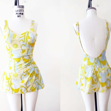 Vintage 60s Womens One Piece Bathing Suit S Elisabeth Stewart - Light Blue Yellow Floral Full Coverage Retro Padded Chest Swimsuit 