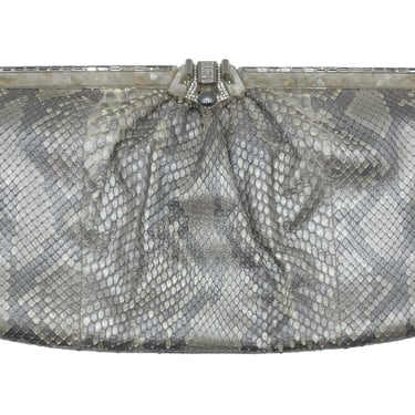 Judith Leiber 2000s Silver Snakeskin Deco Motif Evening Clutch Bag