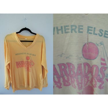 Vintage Barbados Tee Long Sleeve Super Soft Tissue Paper Thin V-neck T-shirt 70s 1970s Tshirt - Size Large 