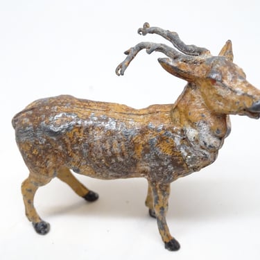 Antique German Metal Reindeer Hand Painted, Toy Lead Deer for Christmas Putz or Nativity 