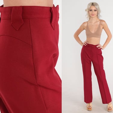 Red Western Trousers 70s Saddleback Pants High Waisted Rise Flared Creased Retro Preppy Plain Seventies Vintage 1970s Panhandle Slim XS 26 