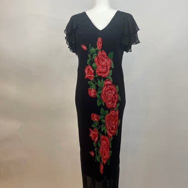 1990s Red Roses Long Chiffon Dress 