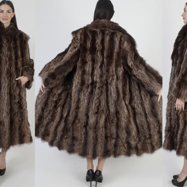 Full Length Real Raccoon Fur Jacket, Shaggy Brown Winter Overcoat, Long 70s Maxi Outdoors Coat 