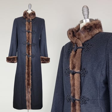 1960s Coat / Mink Trimmed Coat / Fur Trimmed Coat / Long Fitted Coat / Made in Austria / Size Medium 