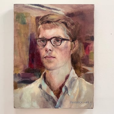 Vintage Portrait Painting Young Man Glasses Oil Canvas Original Art 50s 60s Larry Fredrick 