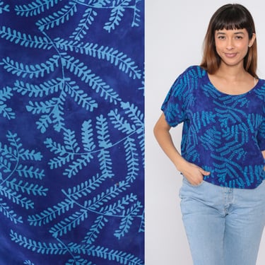 Tropical Leaf Shirt 90s Blue Scoop Neck Blouse Jungle Shirt Short Sleeve Retro Top Hippie Vintage Botanical Pullover 1990s Oversized Small 