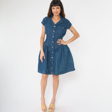 Vintage 80s Denim Western Dress Snap Button Up Fit and Flare Mini Cap Sleeve Retro Blue Jean Dress 1980s Fitted Waist Cowgirl Rodeo Small 6 