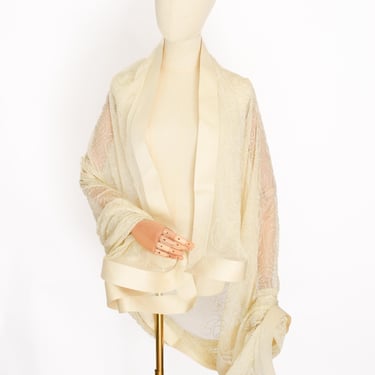 Vintage 1990s Beaded Mesh and Satin Shawl | 90s Silk, Net and Bugle Bead Wrap | Cover up | Bridal 