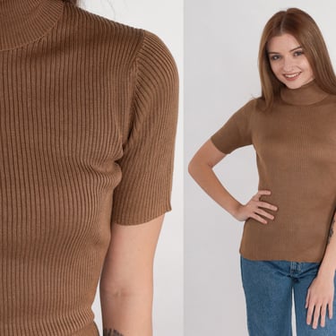 Brown Silk Top Y2K Mock Neck Shirt Banana Republic Ribbed Tee Short Sleeve Blouse Stretchy Simple Basic High Neck Fitted Vintage 00s Small S 