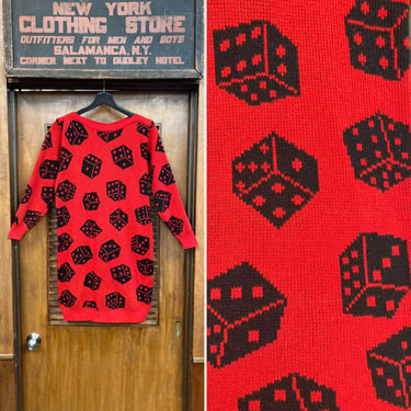 Vintage 1980s Red & Black “Dressy Tessy” New Wave Dice Pattern Sweater Dress, New Wave, 1980s Dress, Vintage Sweater Dress, Knit, Dice, Red 