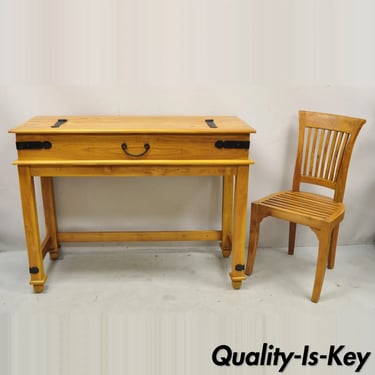Campaign Style Teak Wood Flip Top Writing Desk with Side Chair -  2pc Set