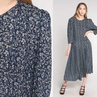 Blue Floral Dress 90s Midi Dress Grunge Boho Retro 3/4 Puff Sleeve Flowy Loose Modest Flower Print Secretary Vintage Navy 1990s Large L 