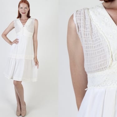 White Smocked Dress, Lightweight Summer Mini, Vintage 70s Prairie Sundress 