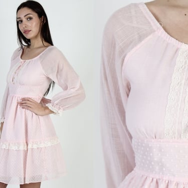 Pink Polka Swiss Dot Dress / Vintage 70s Romantic Country Youthful Dress / Pretty Full Skirt Short Mini Dress XS S 