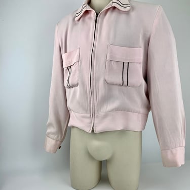 1950's RICKY Jacket - PENNEY'S Label - Rayon Gabardine in Powder Pink - Brown Satin Lining - Men's Size Medium 