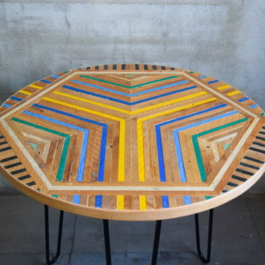 Round reclaimed lath side table with black hairpin legs 