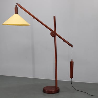 1970s Scandinavian Pine Counterbalance Floor Lamp, Adjustable Arm, New Paper Shade, US Compatible 