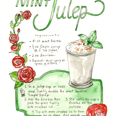 Mint Julep Cocktail Recipe Watercolor Art Print