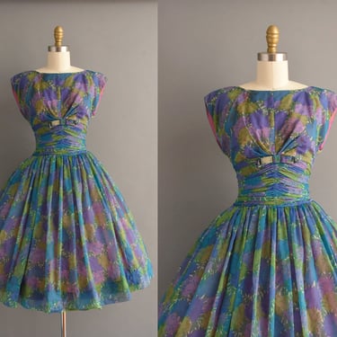 1950s dress | Gorgeous Green & Blue Floral Print Sweeping Full Skirt Party Dress | Medium | 50s vintage dress 