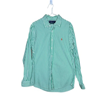 Ralph Lauren Men's Green White Stripe Custom Fit Oxford Button Down Shirt, Size L 