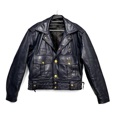 1980s Vintage Blue Leather Police Jacket, Langlitz Leathers Coat, Classic Motorcycle Moto Cop, Biker, Riding, Outdoor, Authentic 1985 