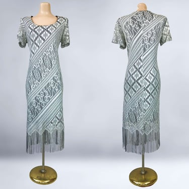 VINTAGE 80s Silver Metallic Lurex Crochet Fringe Hem Dress Sz 12 | 1980s Gatsby Retro 1920s Flapper Party Dress | VFG 