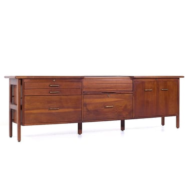 Jens Risom Style Standard Furniture Mid Century Walnut Tambour Door Credenza - mcm 