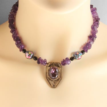 Vintage Art Deco Upcycled Pendant Necklace with Polished Amethyst Chips 17