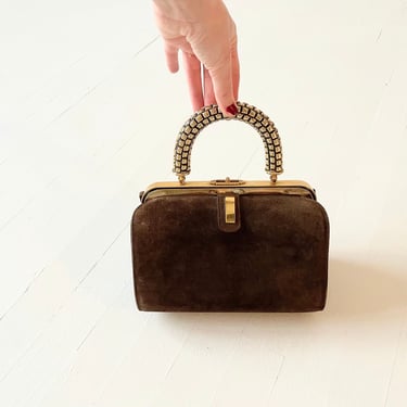 1960s Brown Suede Bag with Gold Textured Top Handle 