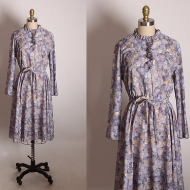1970s Blue and Beige Tan Long Sleeve Ruffle Button Up Bodice Long Sleeve Novelty Feather Print Boho Dress -XL 