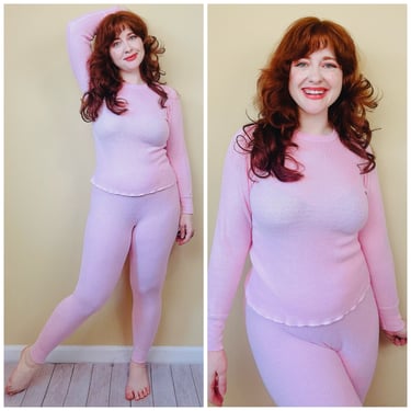 1980s Vintage Cozy Arctex Pink Thermal Set / 80s Pastel Poly Cotton Fleece Lined Long Johns / Medium to Large 