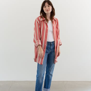 Vintage Red White Stripe 70s Button up Shirt | Unisex Cotton blend Work Tunic | XL XXL | 