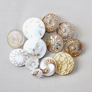 Vintage Fancy Glass Sewing Buttons - Moon Glow Luster Molded Shank Sewing Buttons - 12 Mismatched 