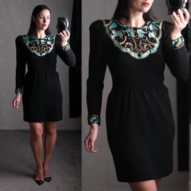 Vintage 80s JENNIFER ROBERTS Black Santana Knit Mini Dress w/ Teal, Gold & Black Sequin Bib Design | Made in USA | 1980s Designer Dress 