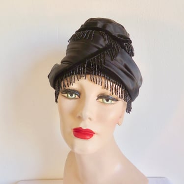 1960's Black Satin Turban Hat with Glass Beaded Fringe Formal Evening Cocktail Party 60's Millinery Bonwit Teller 