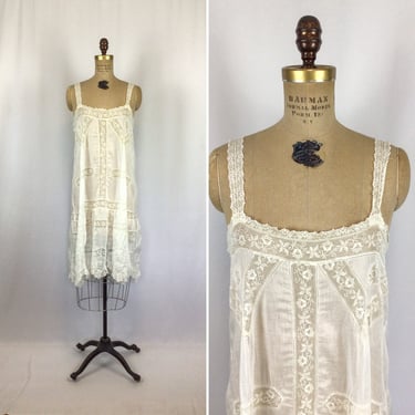 Vintage Edwardian slip | Vintage white lace and cotton slip dress | 1910s lace cotton chemise 