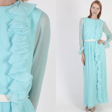Miss Elliette 70s Blue Chiffon Dress Vintage Cascading Ruffle Party Gown Pleated See Through Ruffle Sleeves 