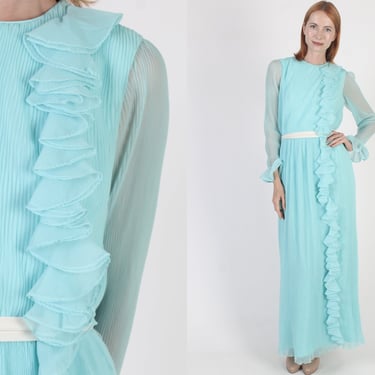 60s 70s Miss Elliette Coral Peach Pleated Chiffon Angel Wing