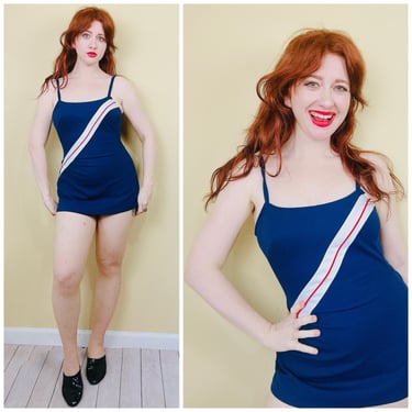 1970s Vintage Robby Len Navy Blue Swimsuit / 70s Red and Cream Striped Shortie Pinup One Piece / Size Small 