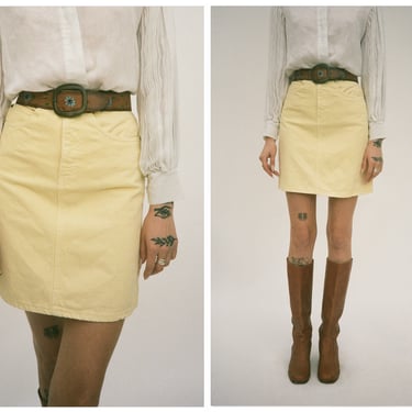 Vintage 1980s 80s Pastel Yellow High Waisted Denim Mini Skirt 
