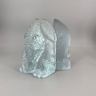 1970s Vintage Blenko Ice Art Glass Elephant Bookends Paperweights Sculpture Mid-Century 