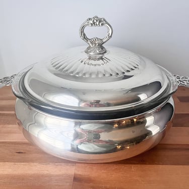 Silverplate Covered Serving Dish with Glass Insert.  Covered Buffet Sever with Handles and Pyrex Bowl. 