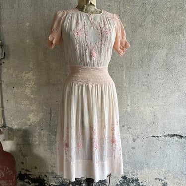 Vintage 1930s Pink Cotton Hungarian Peasant Dress  Hand Embroidery 1920s